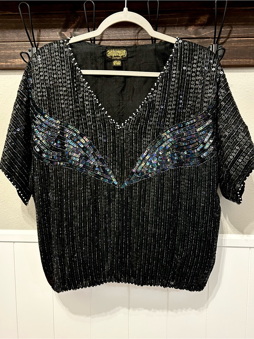 Vintage 80s 100% Silk Rare Anjumun California Black Sequined Beaded Evening Top